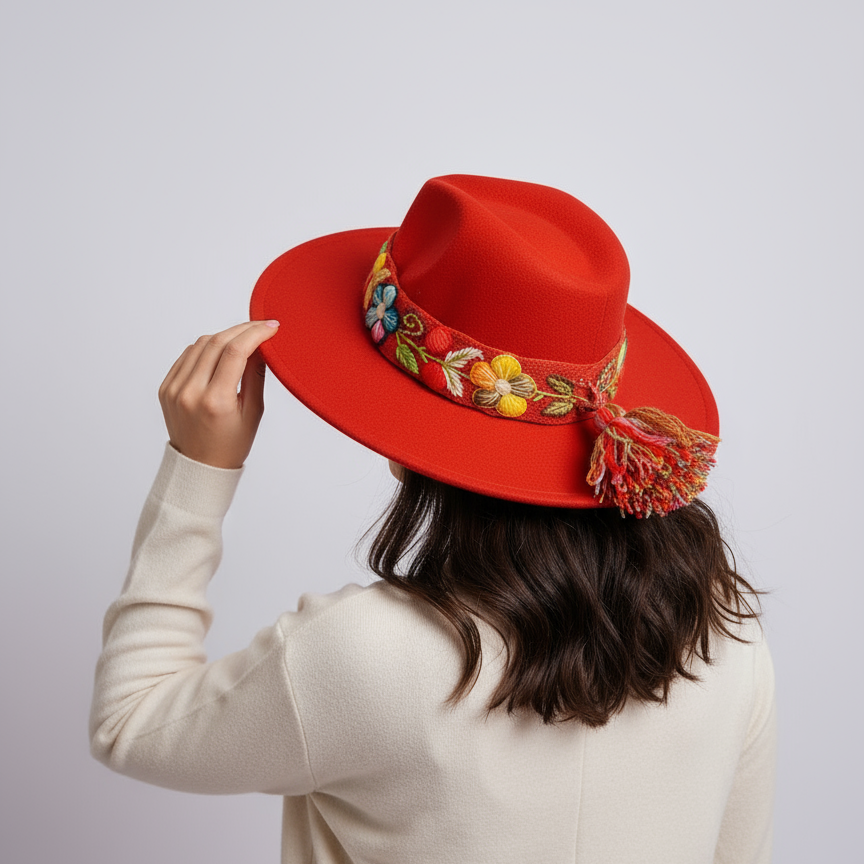 Sombrero de Fieltro Rojo Coral con Cinta y Bordado Floral Artesanal
