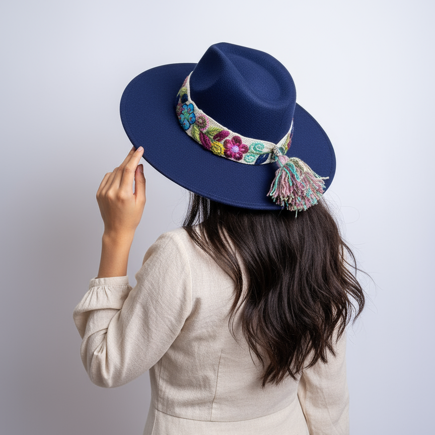 Sombrero de Fieltro Azul Marino con Cinta y Bordado Floral Artesanal