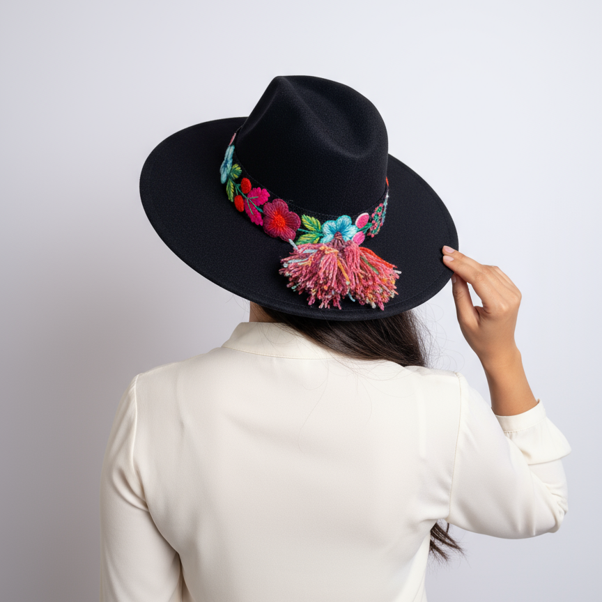 Sombrero de Fieltro Negro con Cinta y Bordado Floral Artesanal
