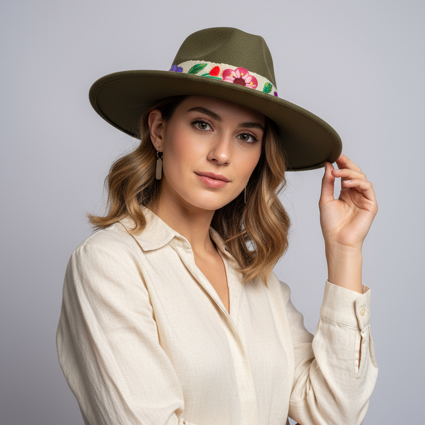 Sombrero de Fieltro Verde con Cinta y Bordado Floral Artesanal