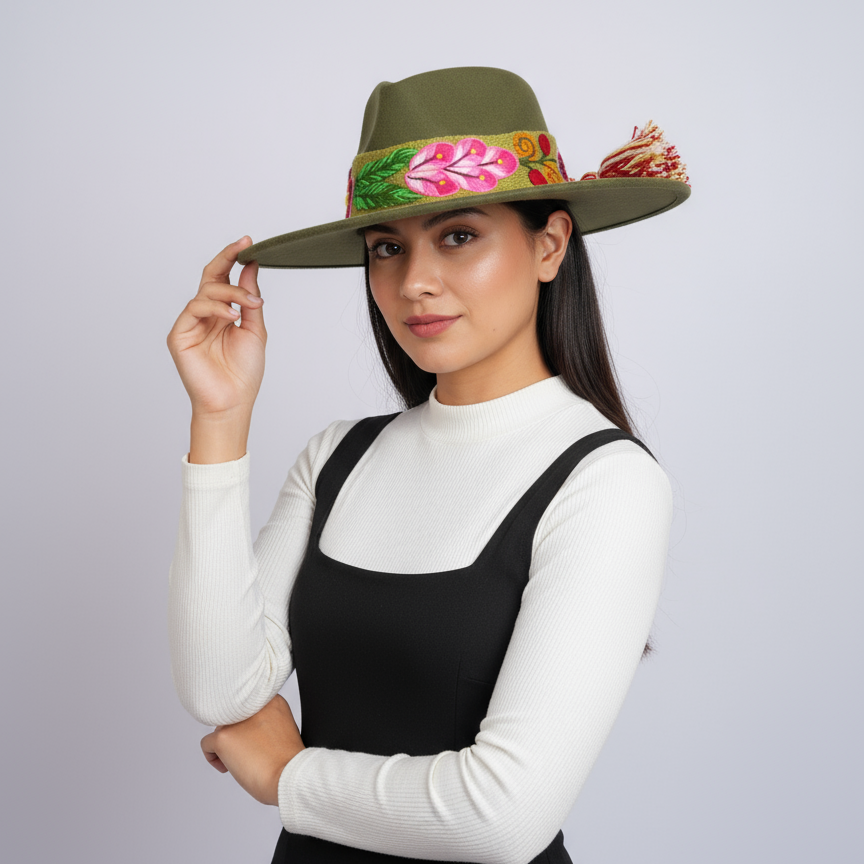 Sombrero de Fieltro Verde con Cinta y Bordado Floral Artesanal