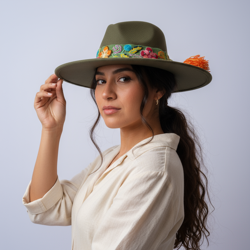 Sombrero de Fieltro Verde con Cinta y Bordado Floral Artesanal