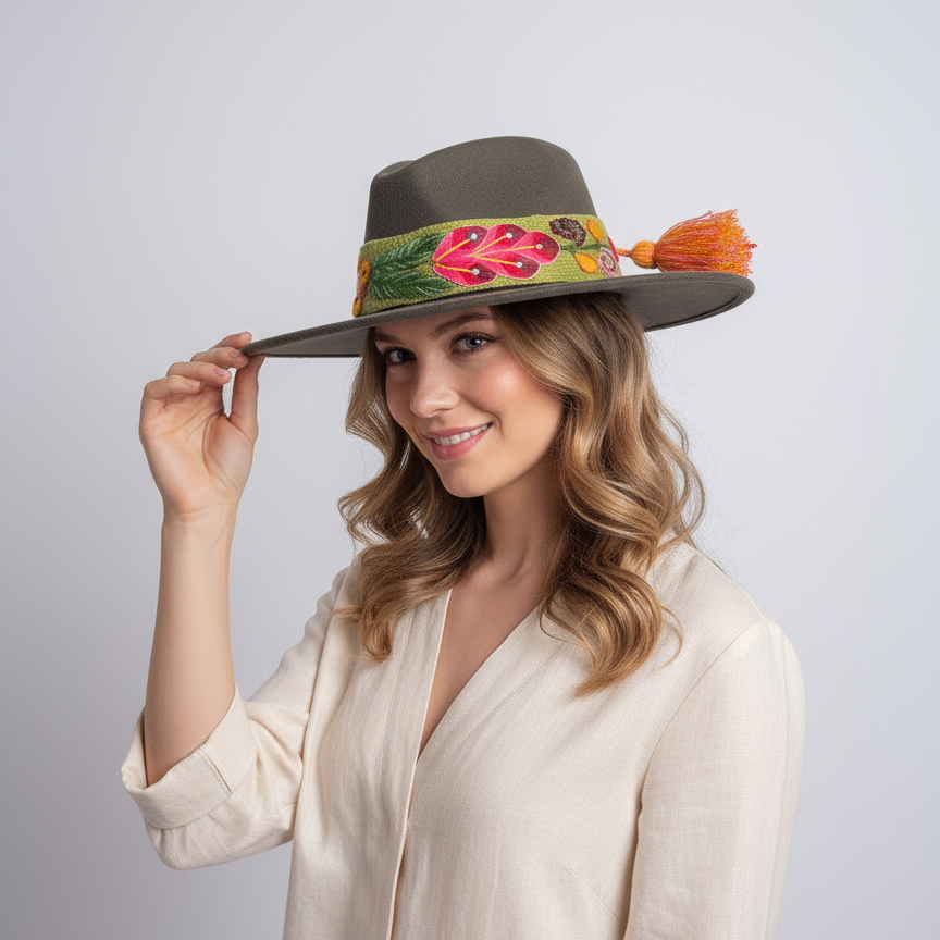 Sombrero de Fieltro Verde con Cinta y Bordado Floral Artesanal
