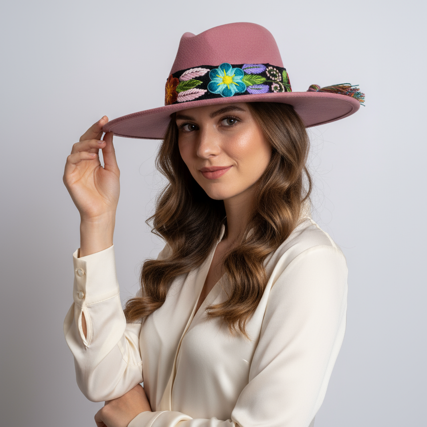 Sombrero de Fieltro Rosa Viejo con Cinta y Bordado Floral Artesanal