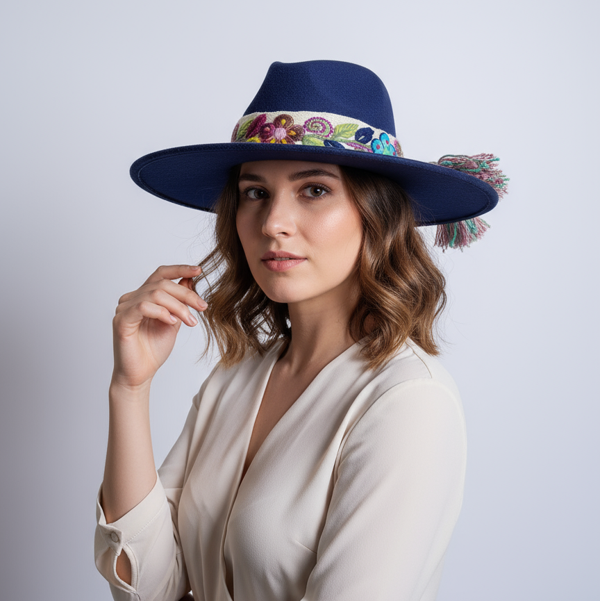 Sombrero de Fieltro Azul Marino con Cinta y Bordado Floral Artesanal