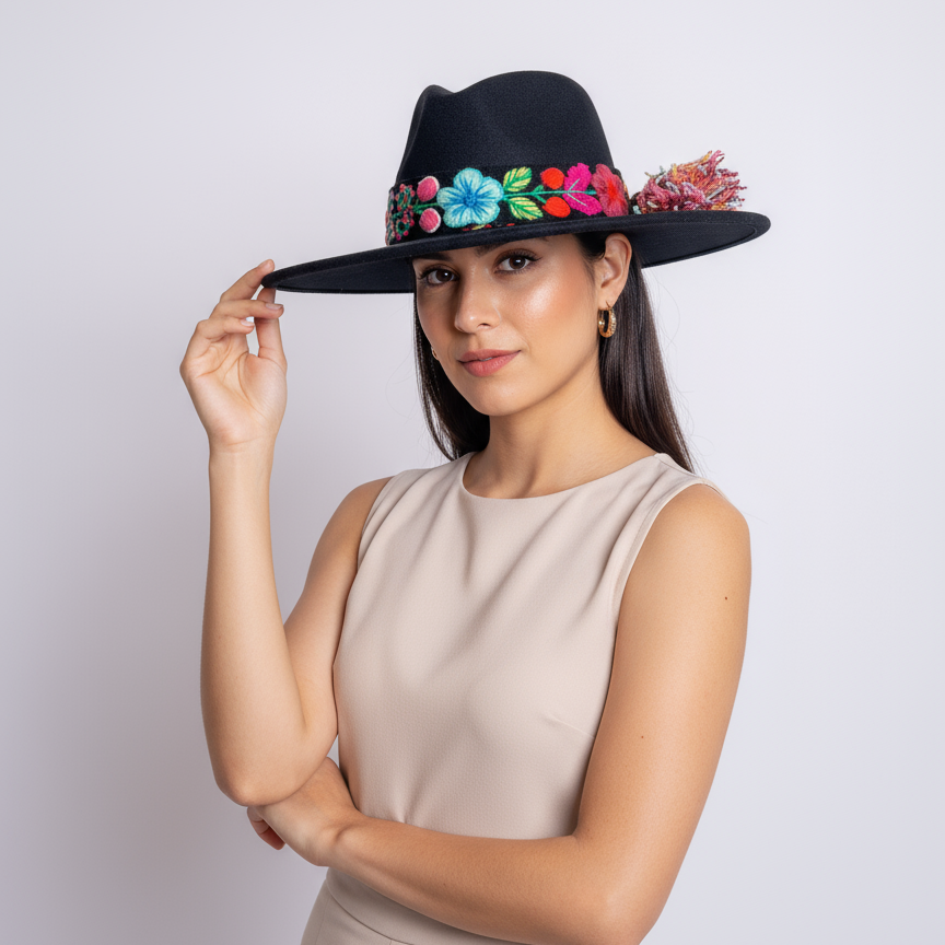 Sombrero de Fieltro Negro con Cinta y Bordado Floral Artesanal