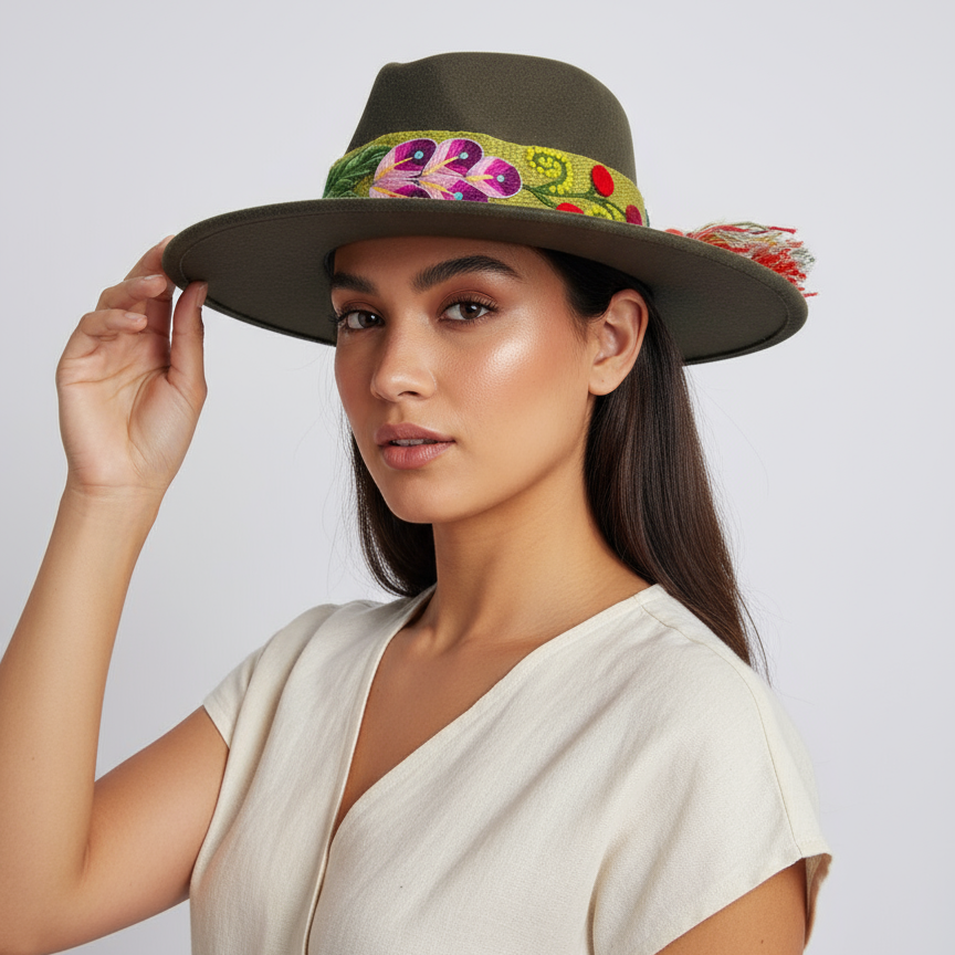 Sombrero de Fieltro Verde con Cinta y Bordado Floral Artesanal
