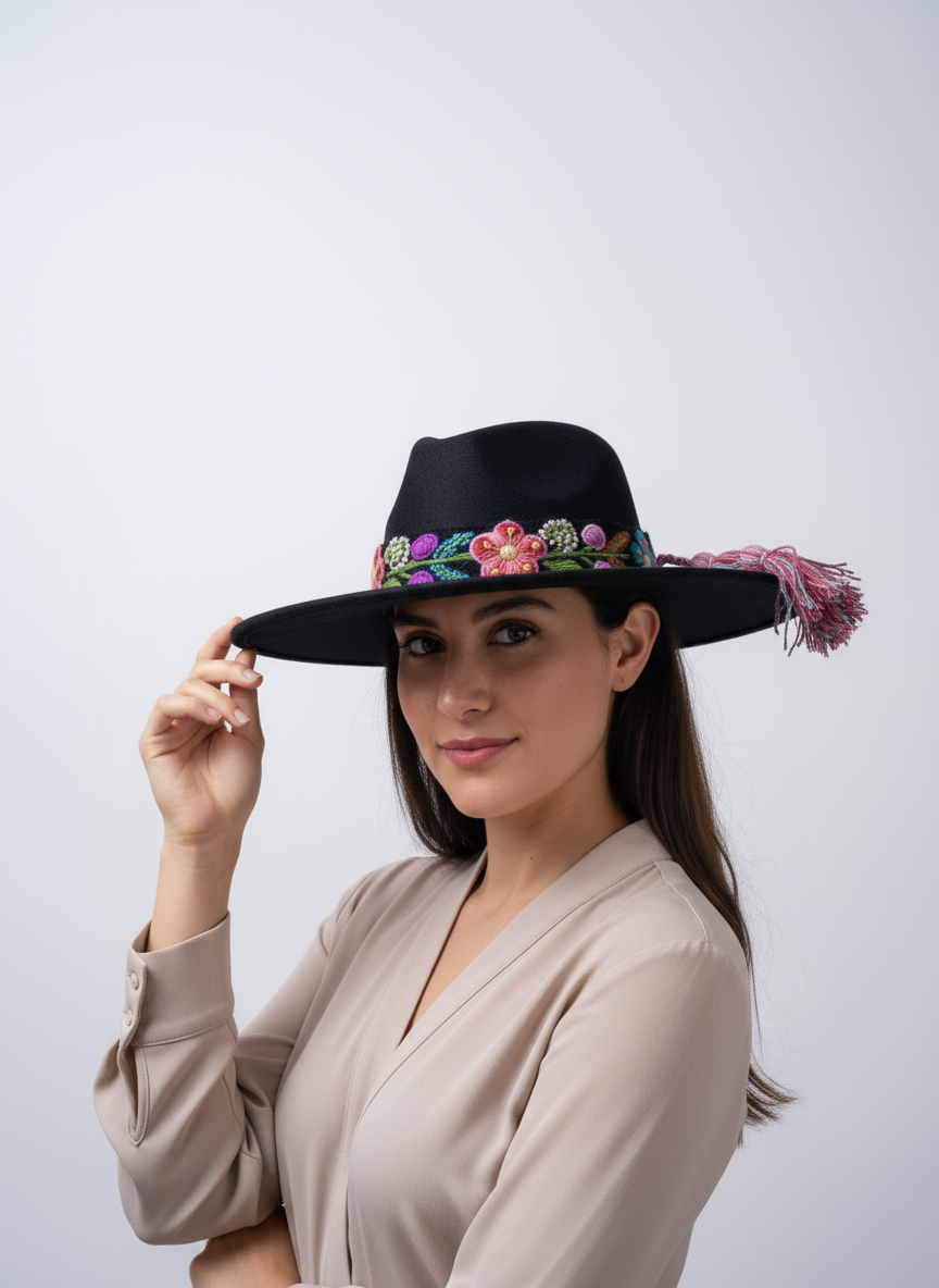 Sombrero de Fieltro Negro con Cinta y Bordado Floral Artesanal
