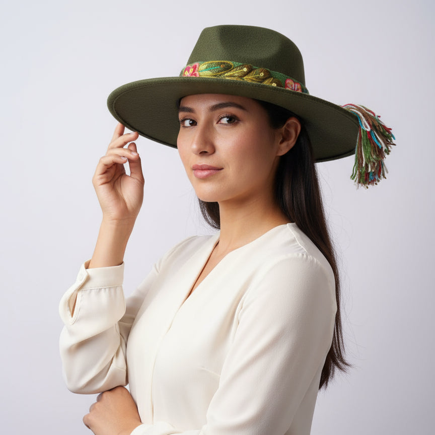 Sombrero de Fieltro Verde con Cinta y Bordado Floral Artesanal