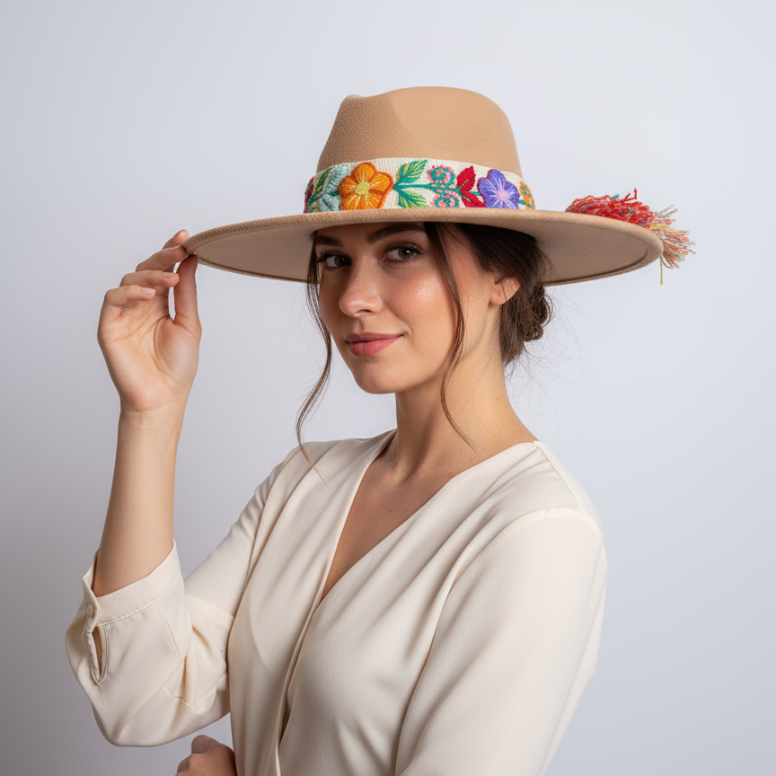Sombrero de Fieltro Beige con Cinta  y Bordado Floral Artesanal