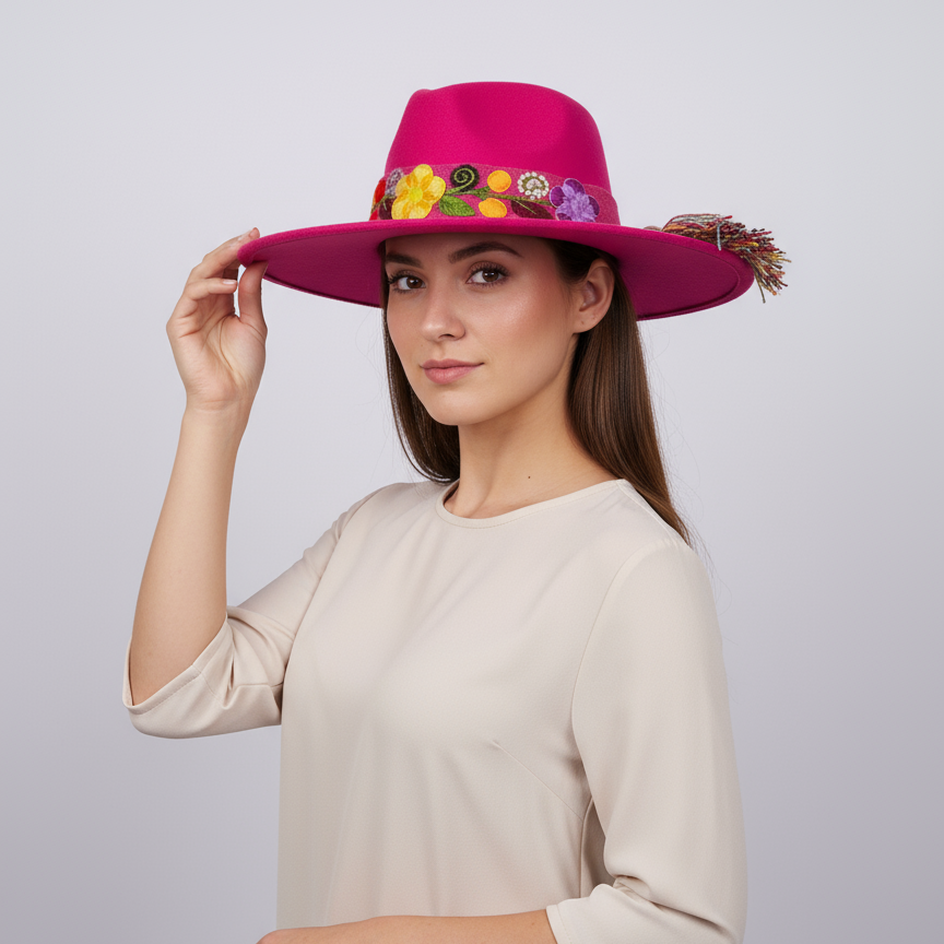 Sombrero de Fieltro Fucsia con Cinta y Bordado Floral Artesanal
