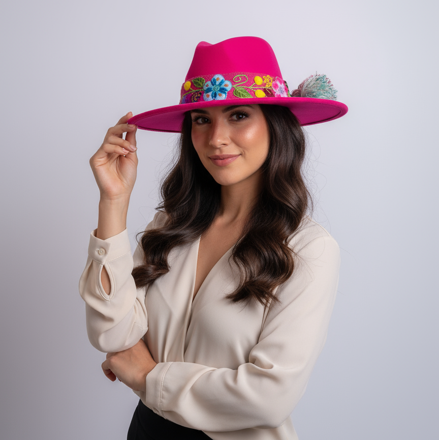 Sombrero de Fieltro Fucsia con Cinta y Bordado Floral Artesanal
