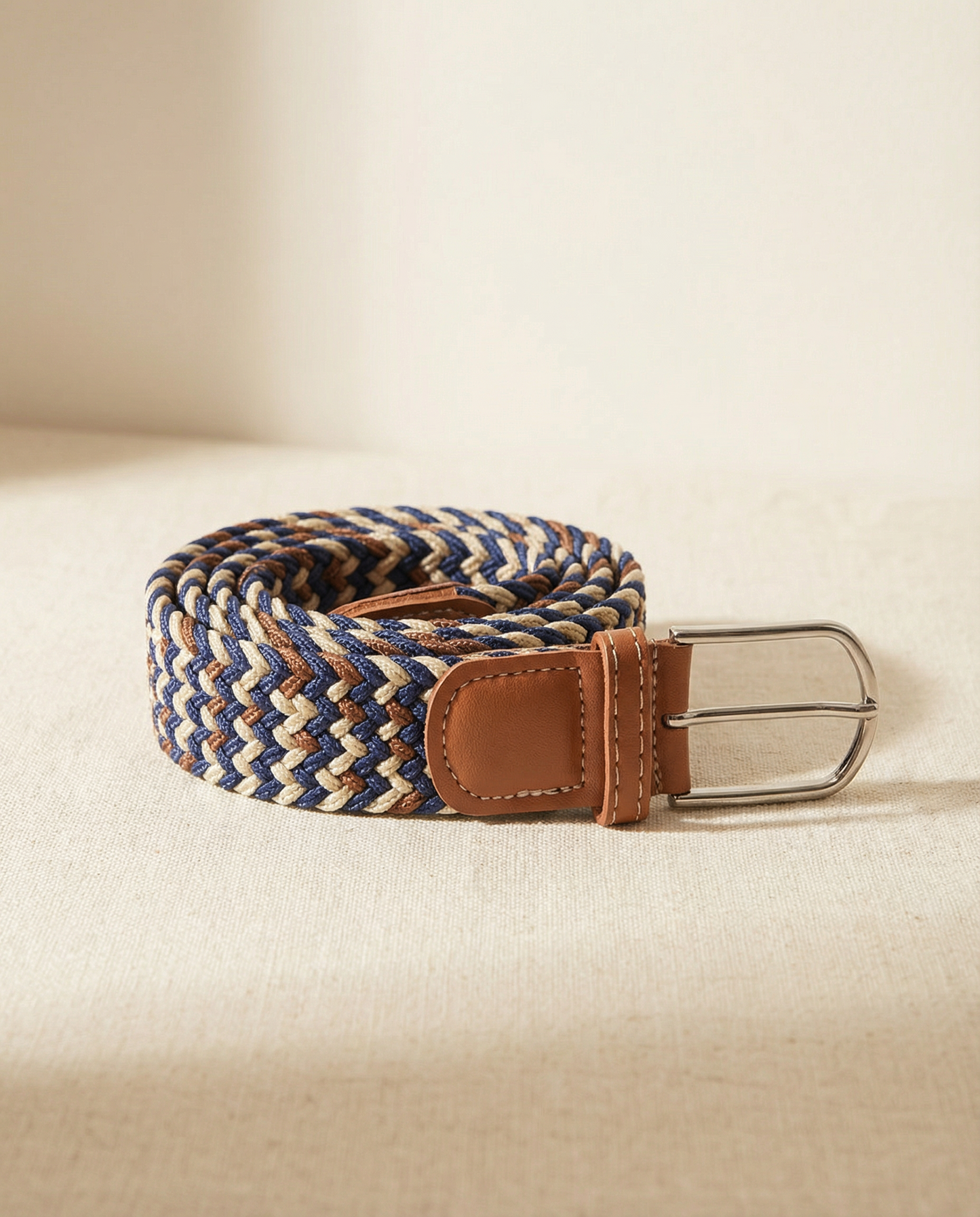 Correa Trenzada de Lona Elástica Azul Marino / Beige / Marrón