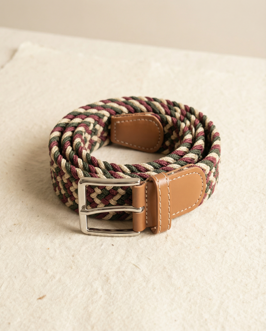 Correa Trenzada de Lona Elástica Guinda, Beige y Verde