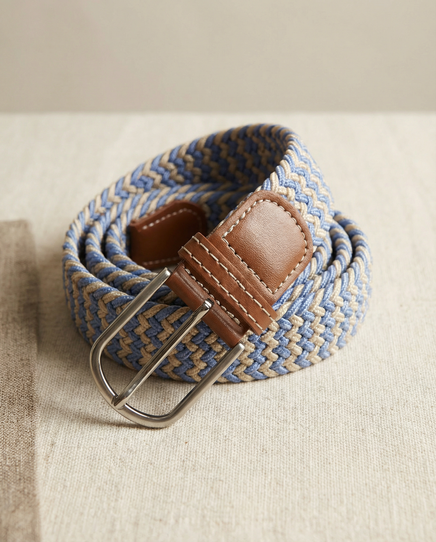 Correa Trenzada de Lona Elástica Beige y Celeste