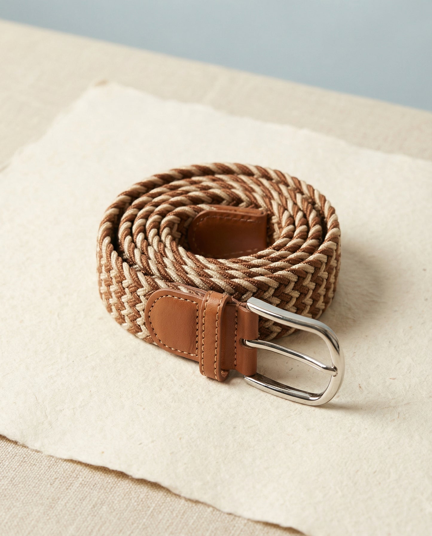 Correa Trenzada de Lona Elástica Beige y Marrón