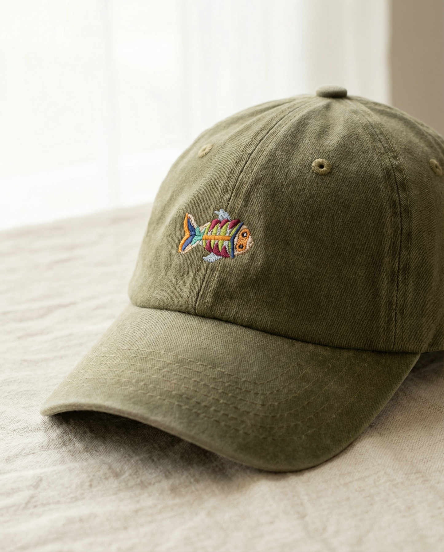 Gorra Bordada en Denim Verde Olivo – Pez Multicolor