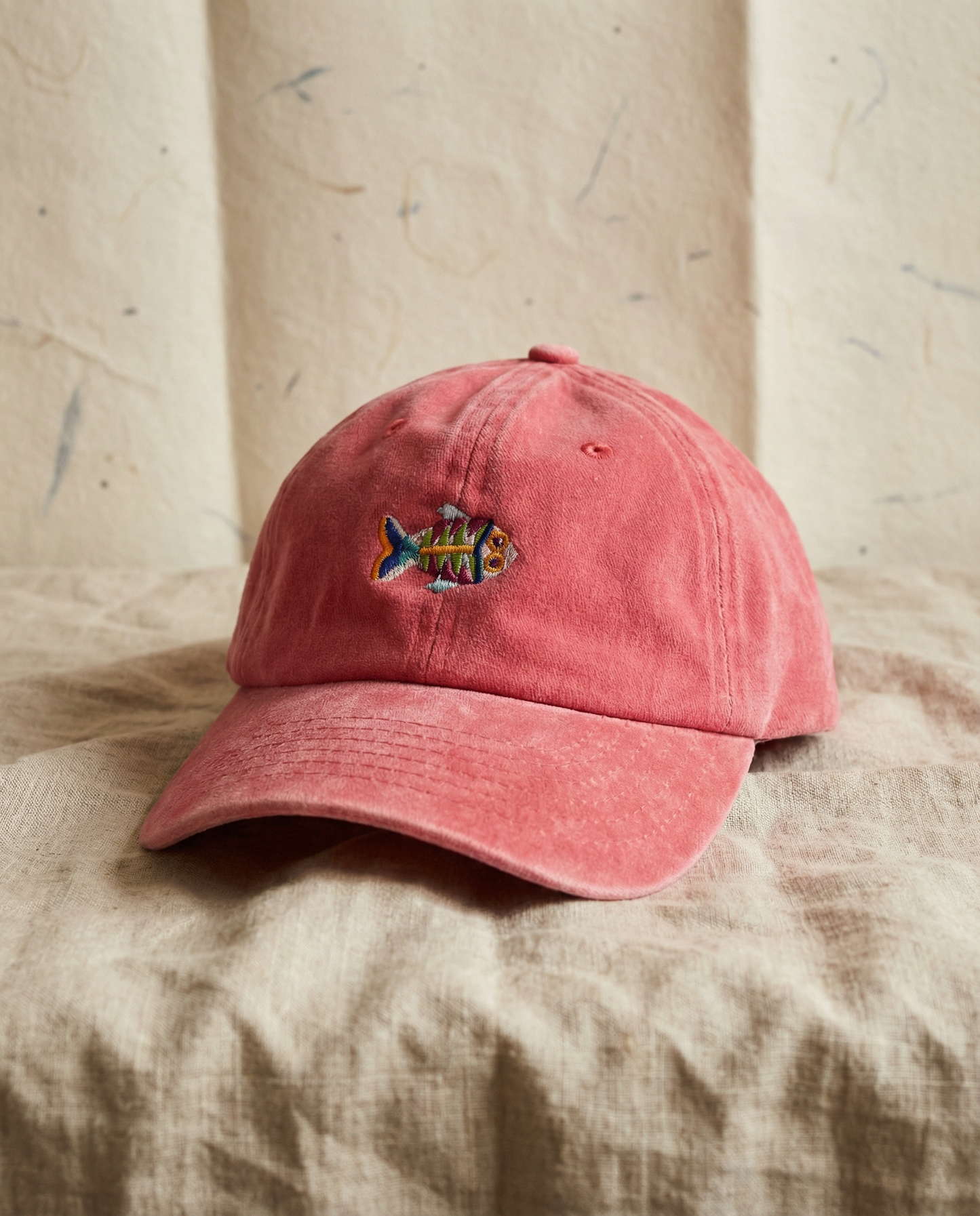 Gorra Bordada en Denim Rojo – Pez Multicolor