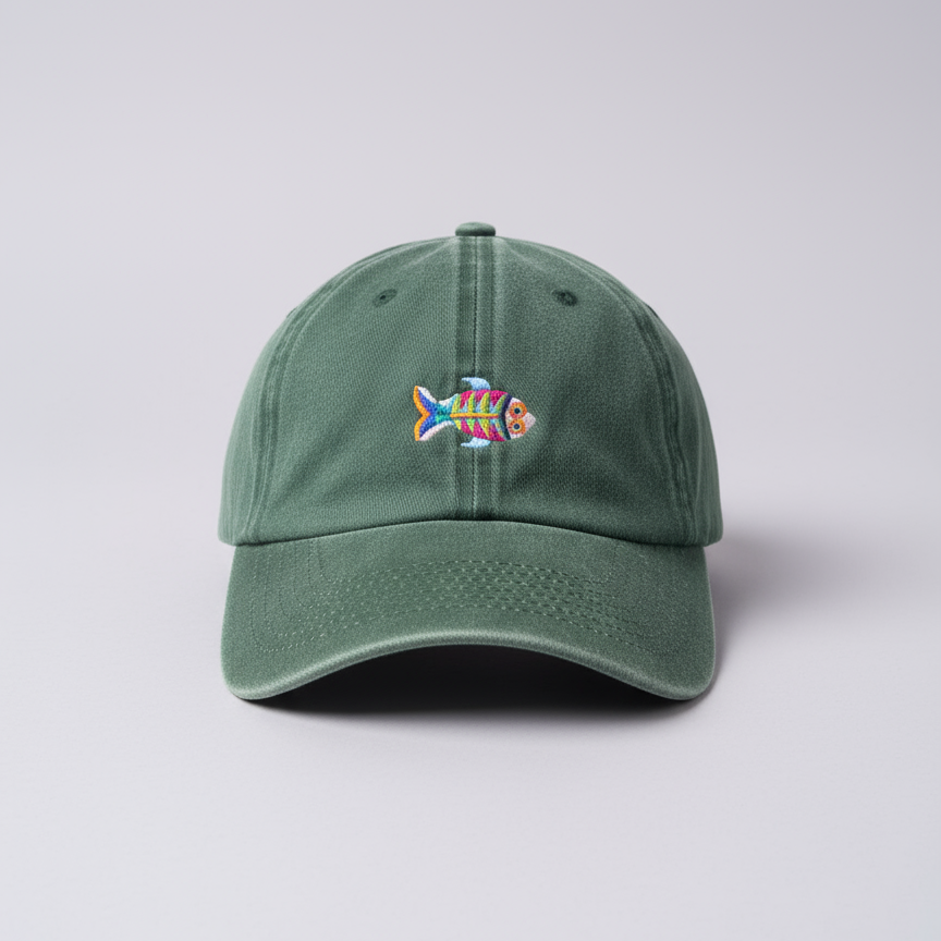 Gorra Bordada en Denim Verde – Pez Multicolor