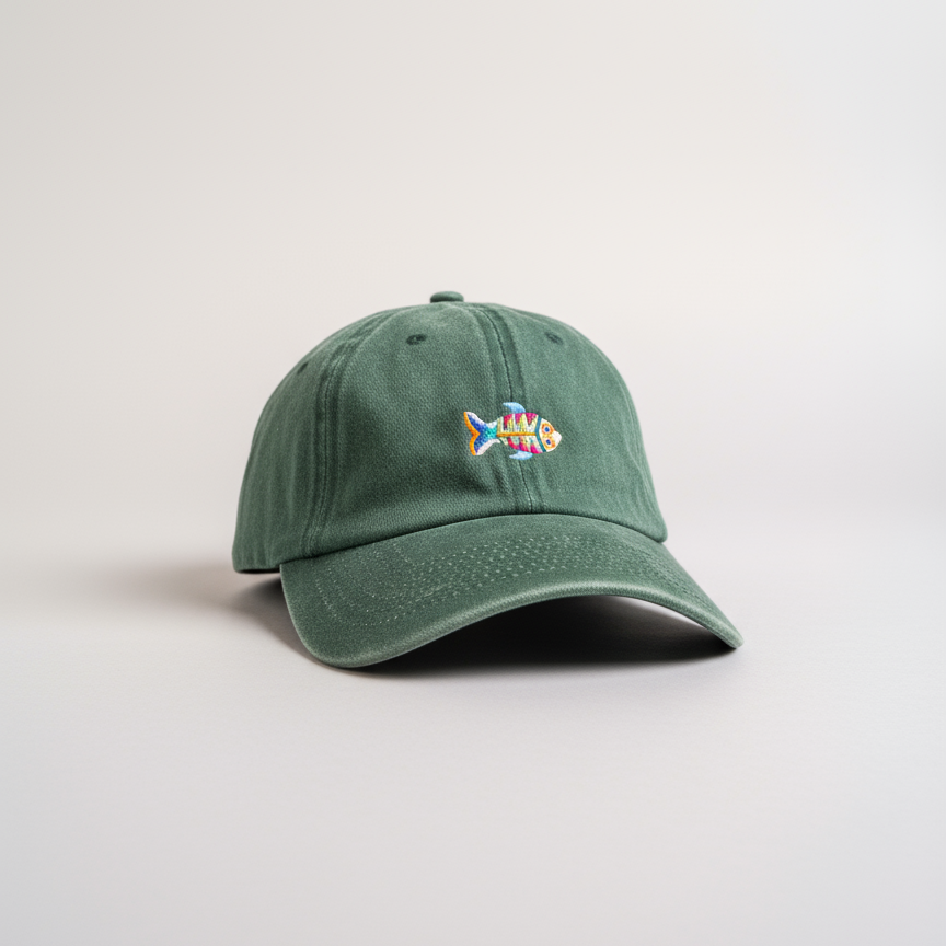 Gorra Bordada en Denim Verde – Pez Multicolor
