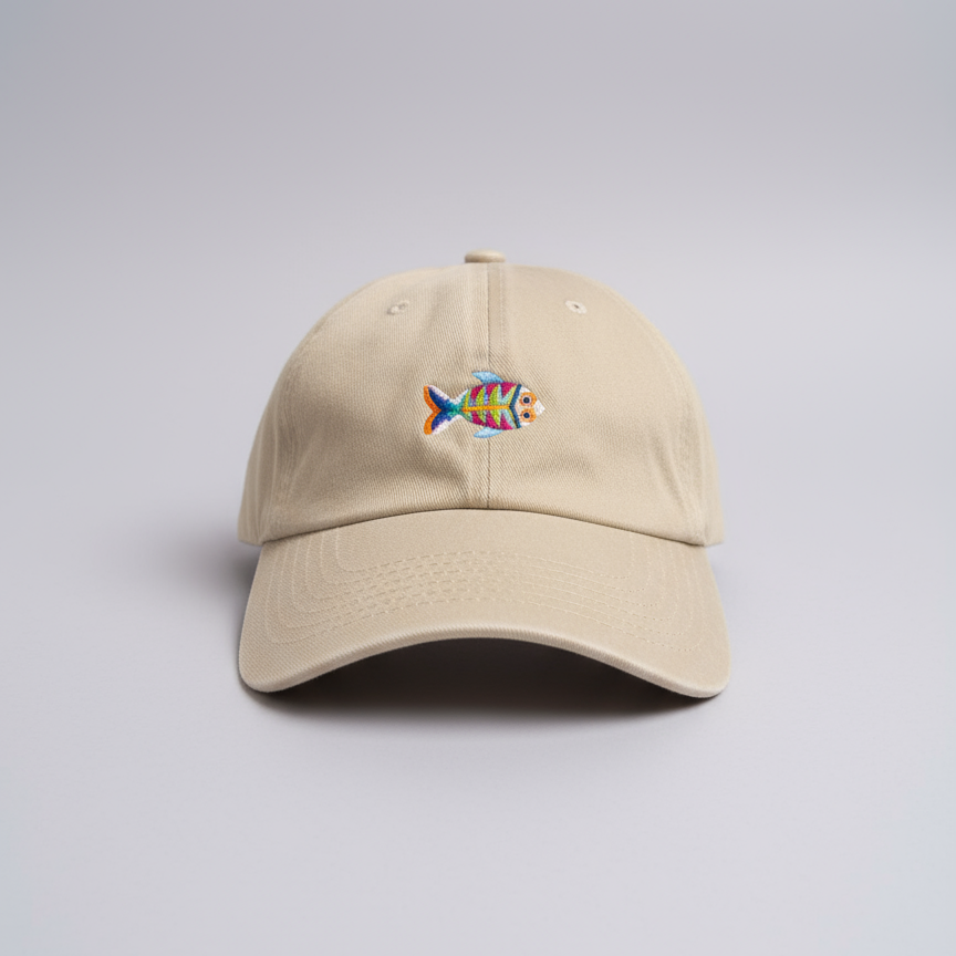 Gorra Bordada en Denim Crema – Pez Multicolor