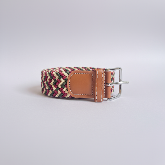 Correa Trenzada de Lona Elástica Guinda, Beige y Verde