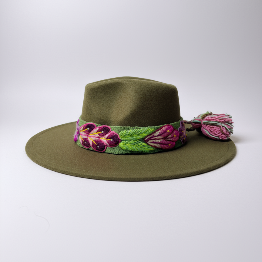 Sombrero de Fieltro Verde con Cinta y Bordado Floral Artesanal