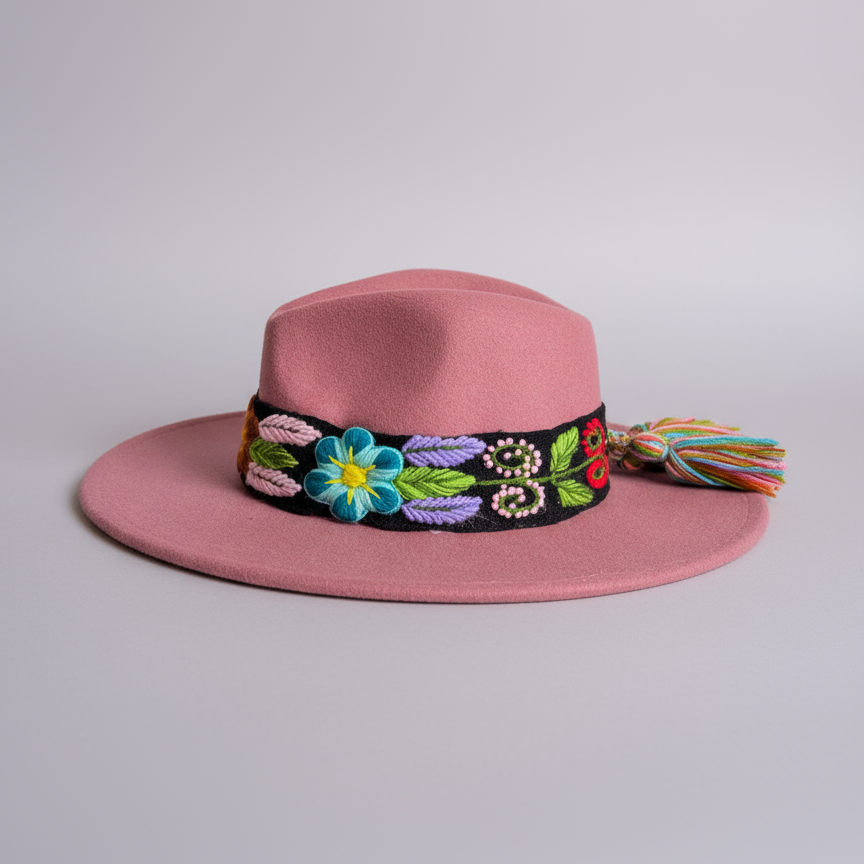 Sombrero de Fieltro Rosa Viejo con Cinta y Bordado Floral Artesanal