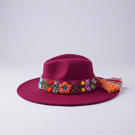 Sombrero de Fieltro Guinda con Cinta y Bordado Floral Artesanal