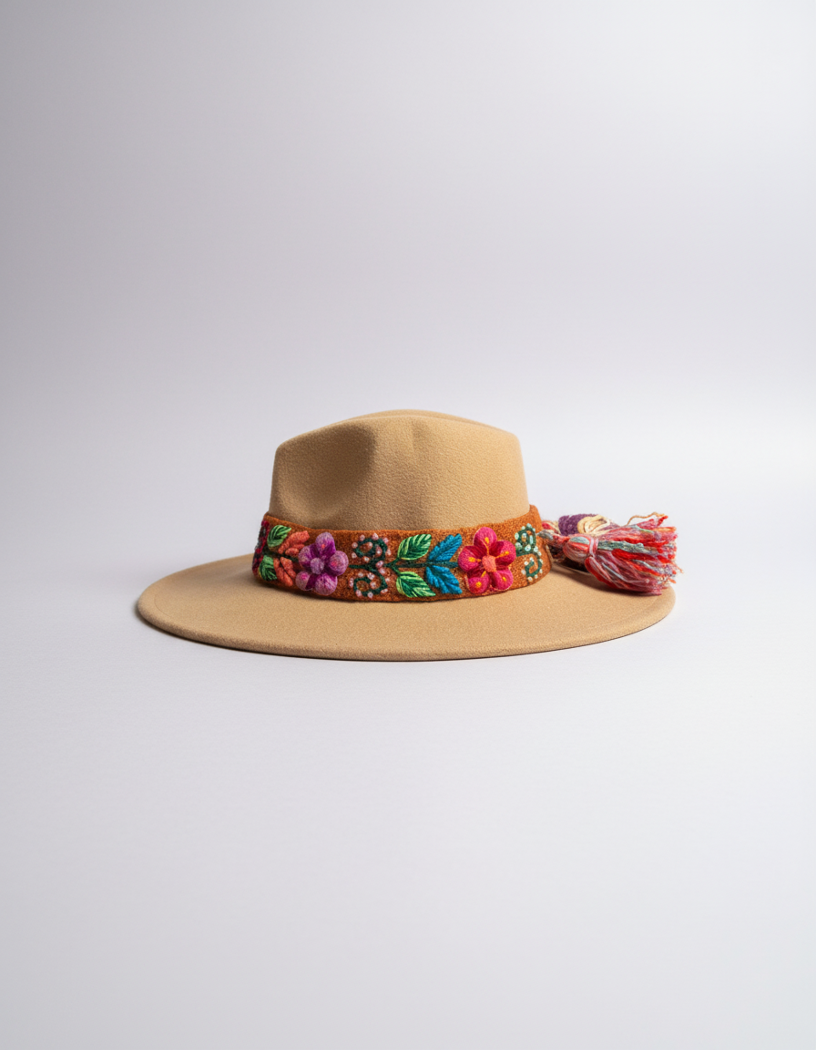 Sombrero de Fieltro Beige con Cinta  y Bordado Floral Artesanal