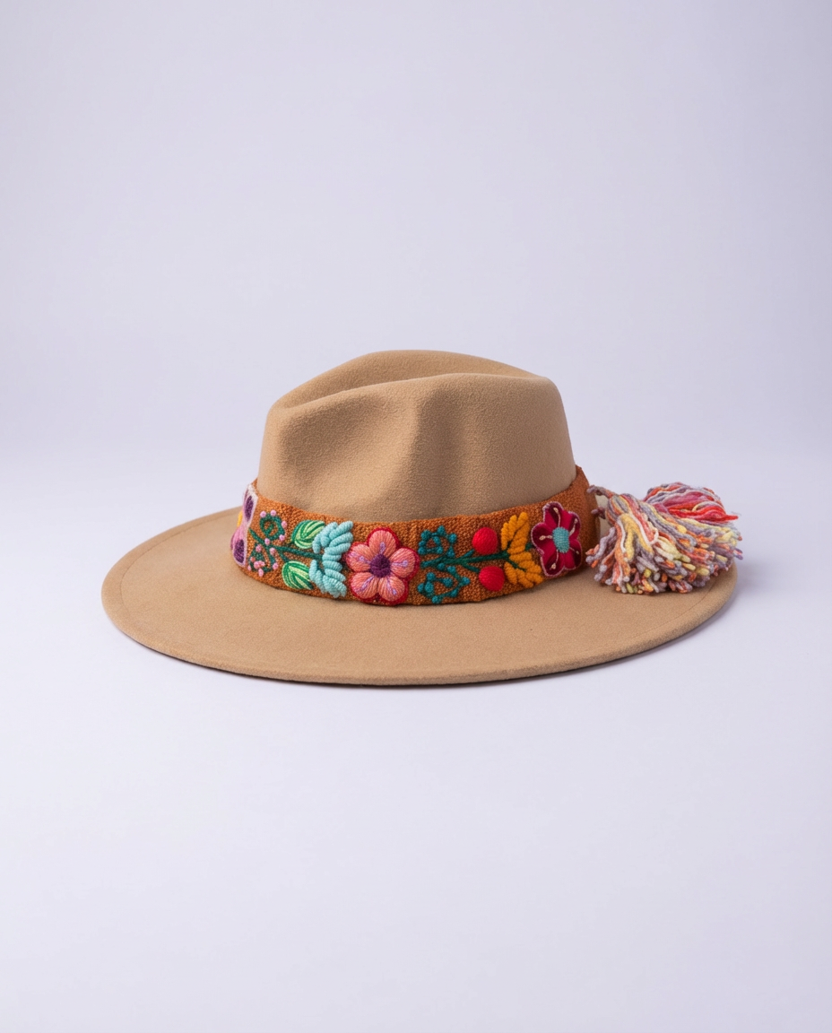 Sombrero de Fieltro Beige con Cinta  y Bordado Floral Artesanal