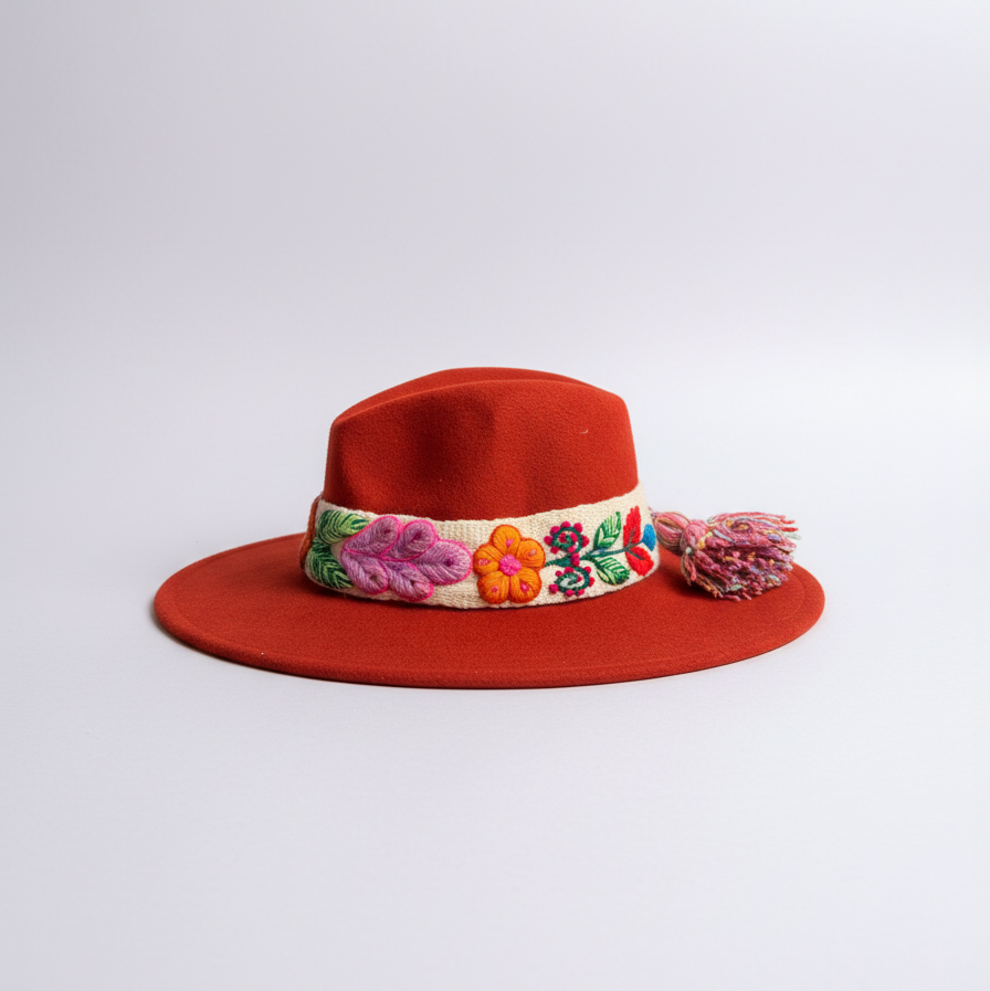 Sombrero de Fieltro Terracota con Cinta y Bordado Floral Artesanal