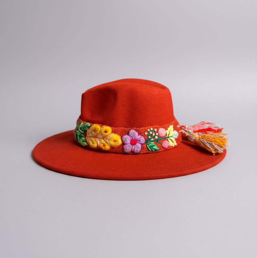 Sombrero de Fieltro Terracota con Cinta y Bordado Floral Artesanal