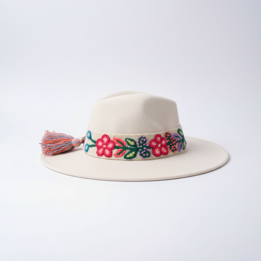 Sombrero de Fieltro Crema claro con Cinta y Bordado Floral Artesanal