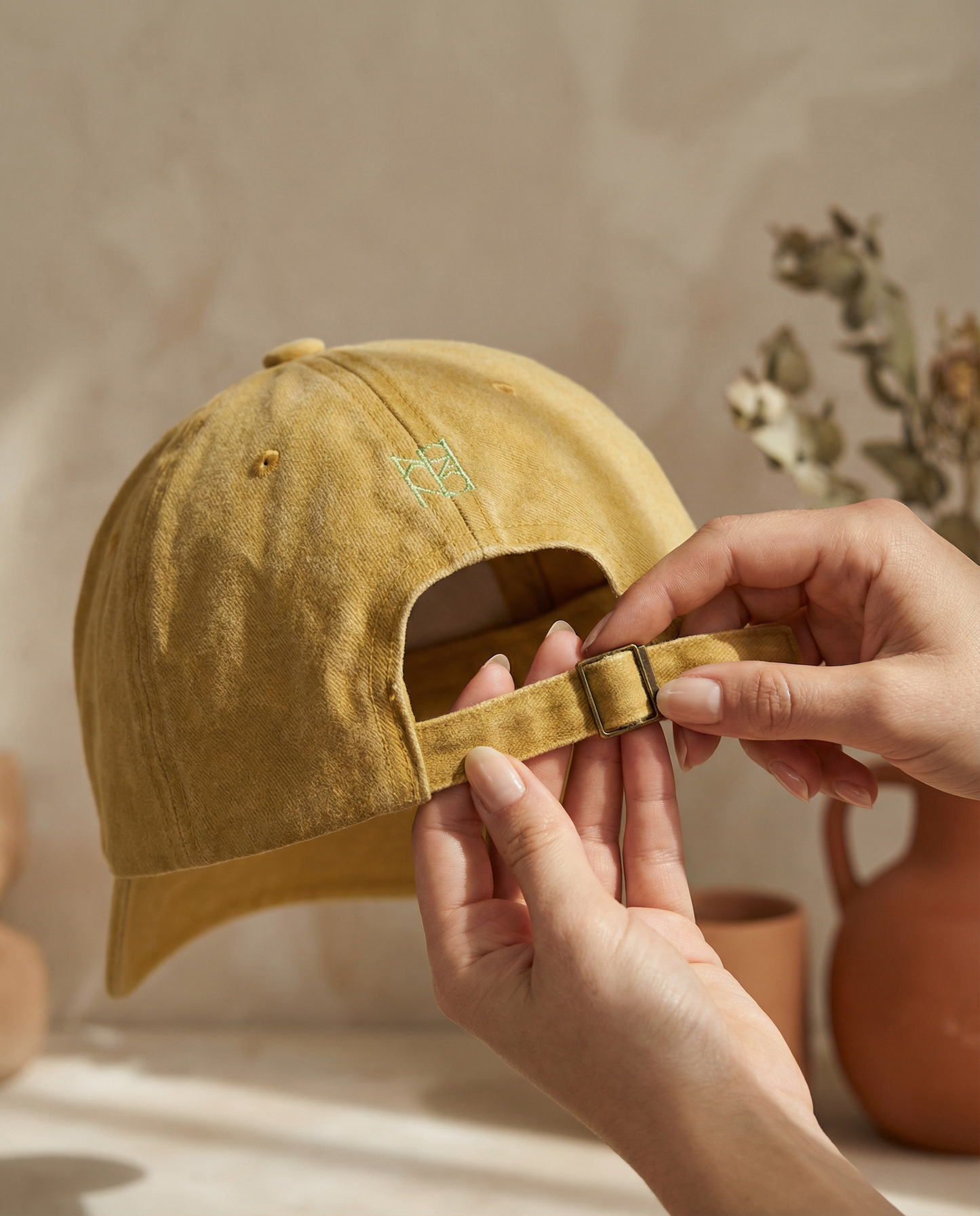 Gorra Bordada en Denim Mostaza – Pez Multicolor
