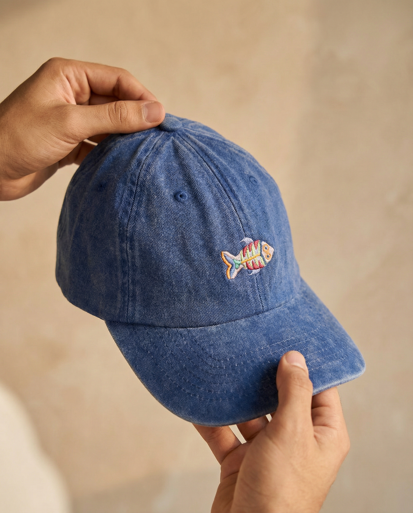 Gorra Bordada en Denim Azul – Pez Multicolor