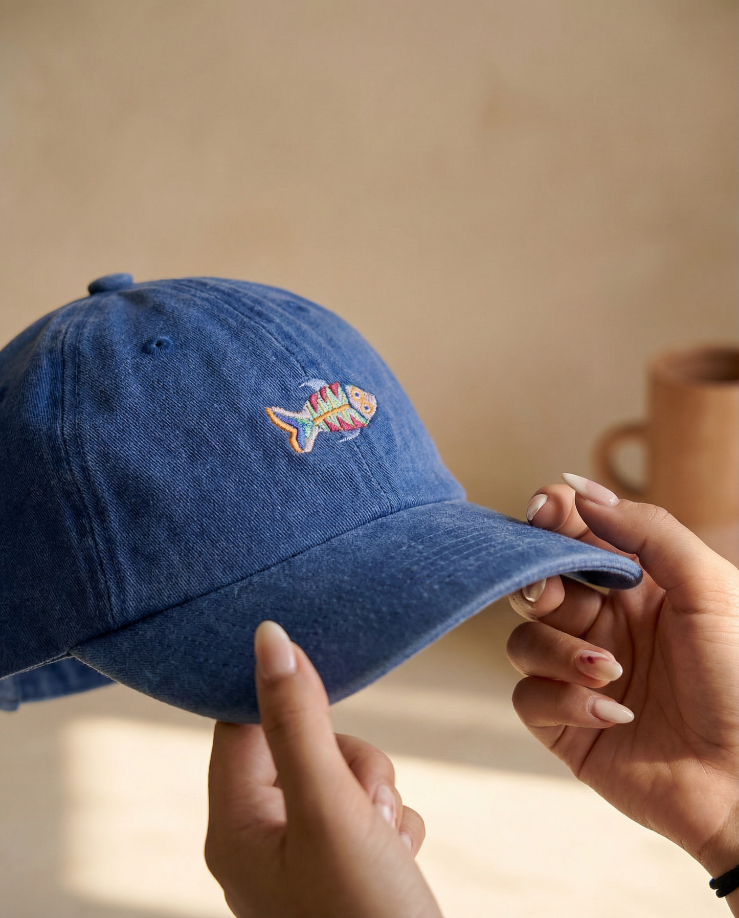 Gorra Bordada en Denim Azul – Pez Multicolor