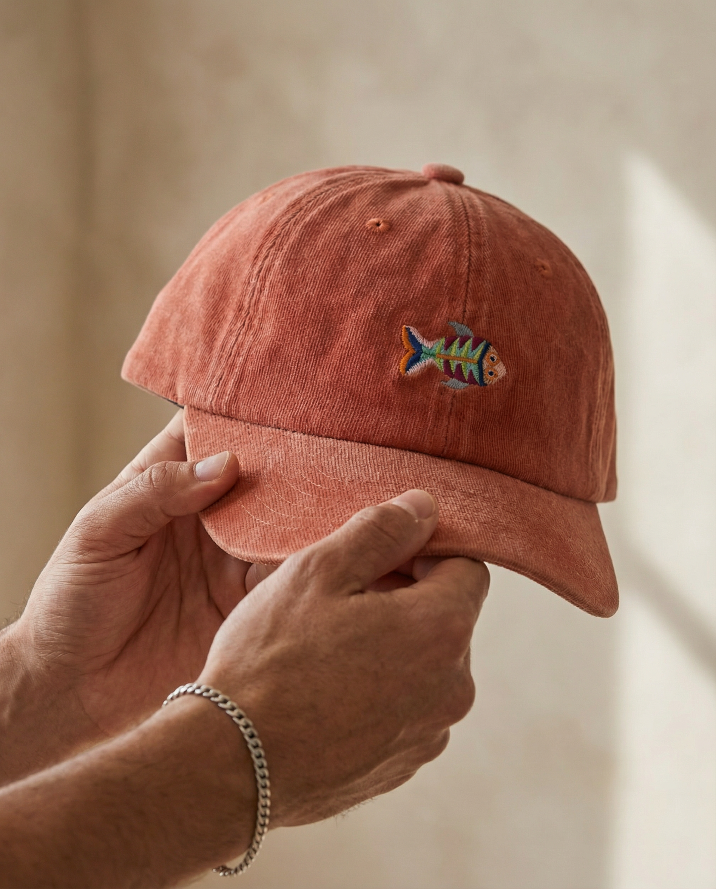 Gorra Bordada en Denim Terracota – Pez Multicolor