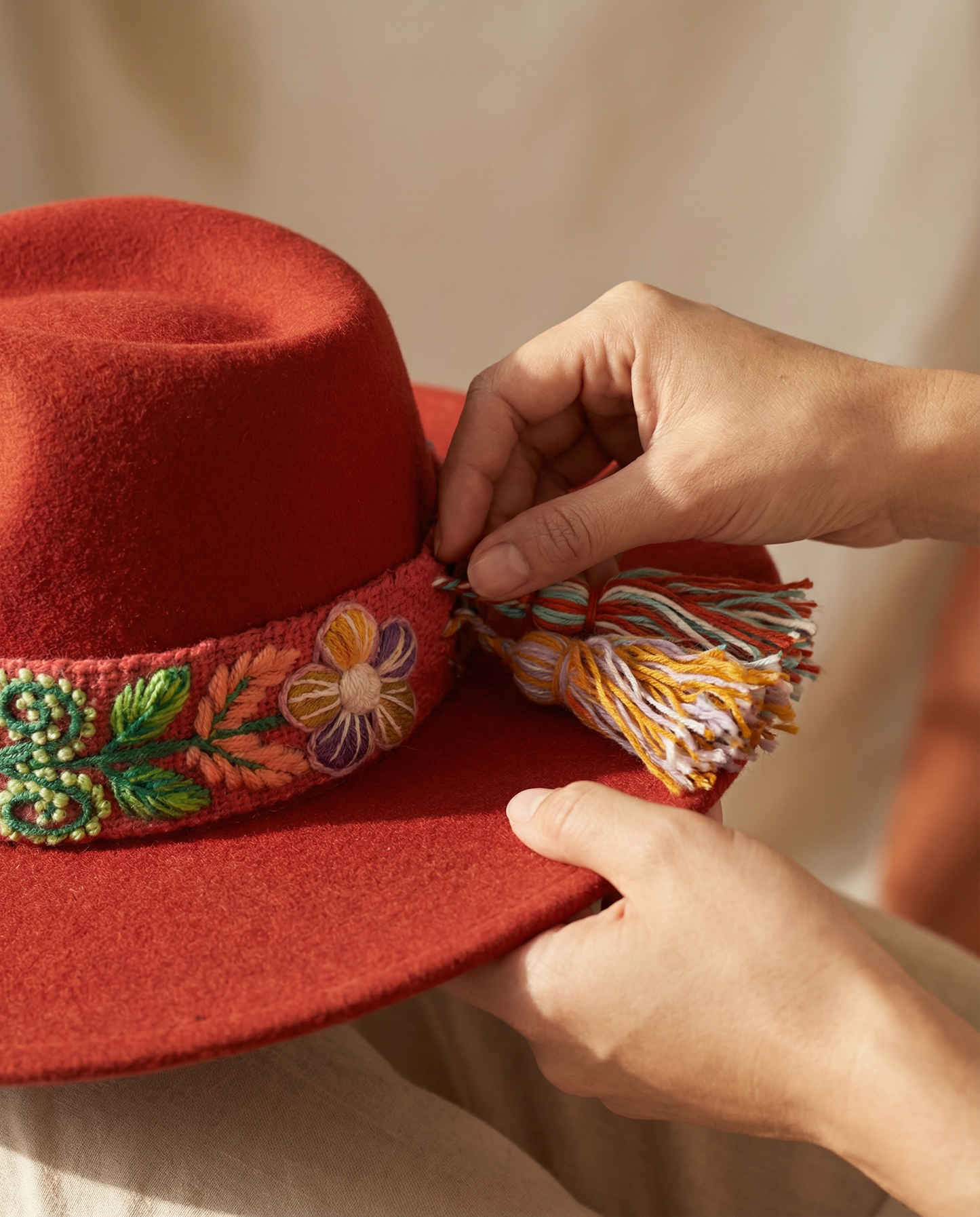 Sombrero de Fieltro Terracota con Cinta y Bordado Floral Artesanal