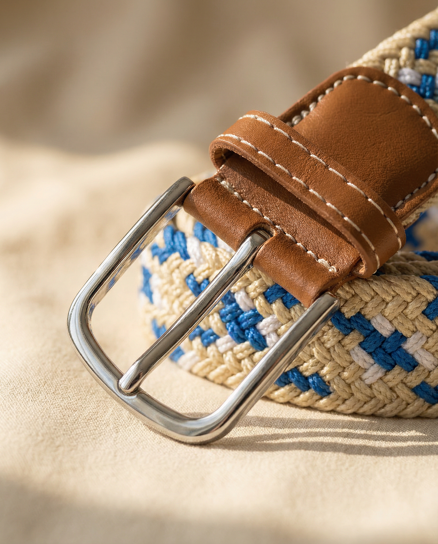 Correa Trenzada de Lona Elástica Beige, Celeste y Blanco
