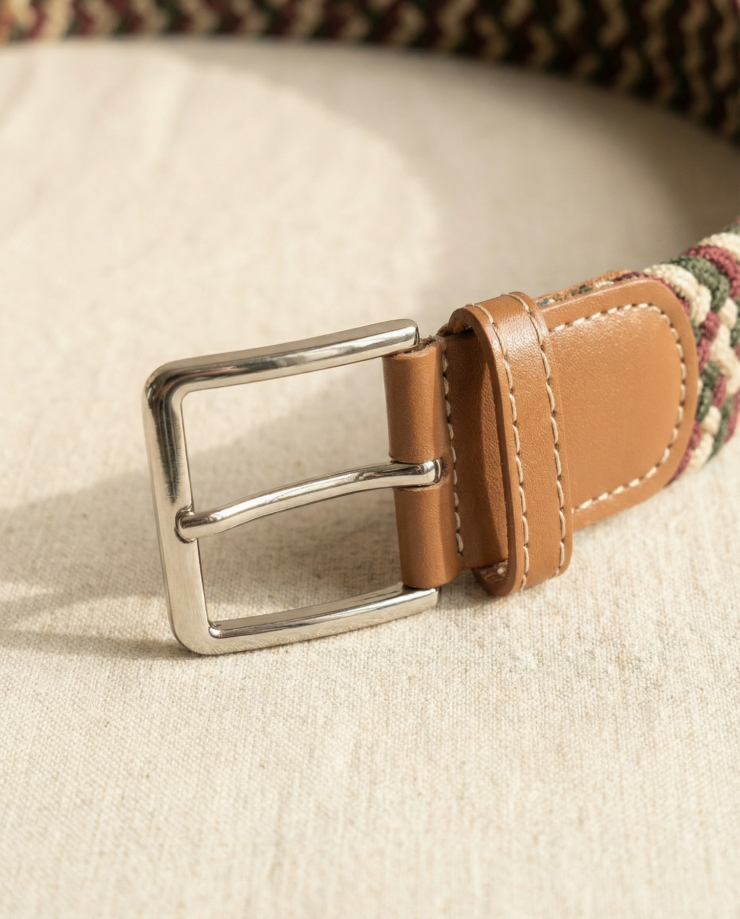Correa Trenzada de Lona Elástica Guinda, Beige y Verde