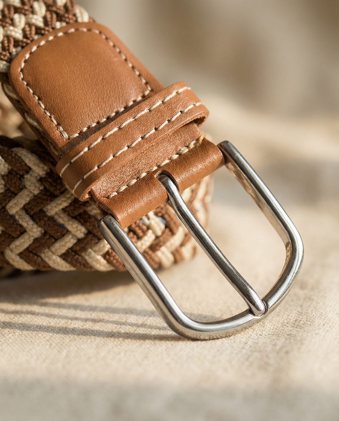 Correa Trenzada de Lona Elástica Beige y Marrón