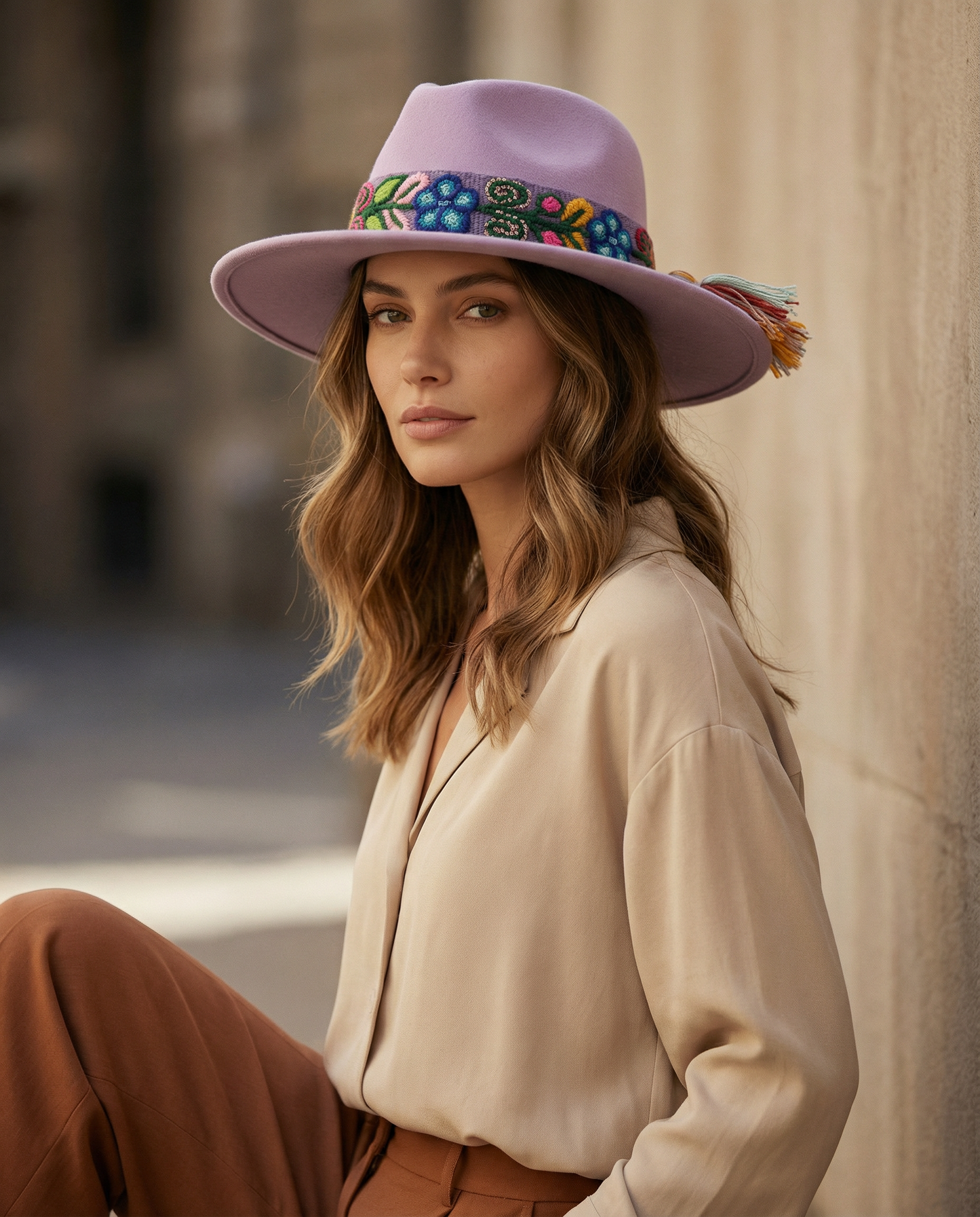 Sombrero Fedora Lila con Cinta y Bordado Floral en Mezcla de Hilo Alpaca