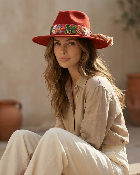 Sombrero de Fieltro Terracota con Cinta y Bordado Floral Artesanal