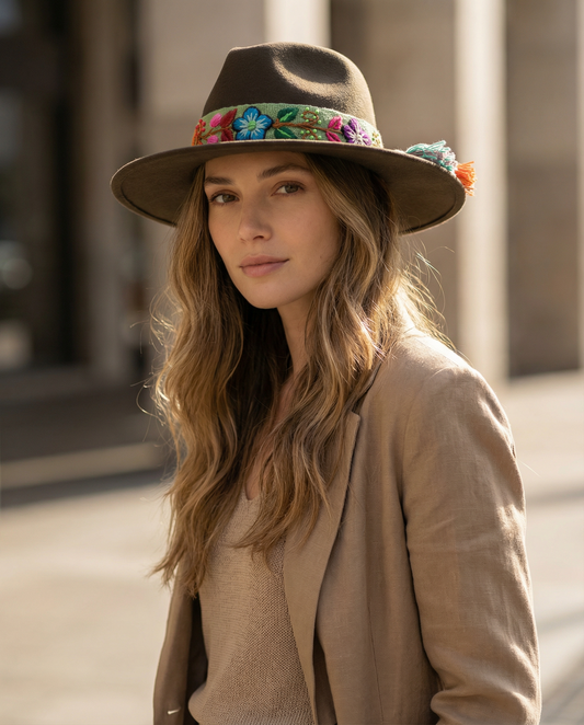 Sombrero de Fieltro Verde con Cinta y Bordado Floral Artesanal