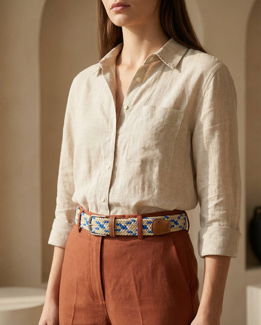 Correa Trenzada de Lona Elástica Beige, Celeste y Blanco