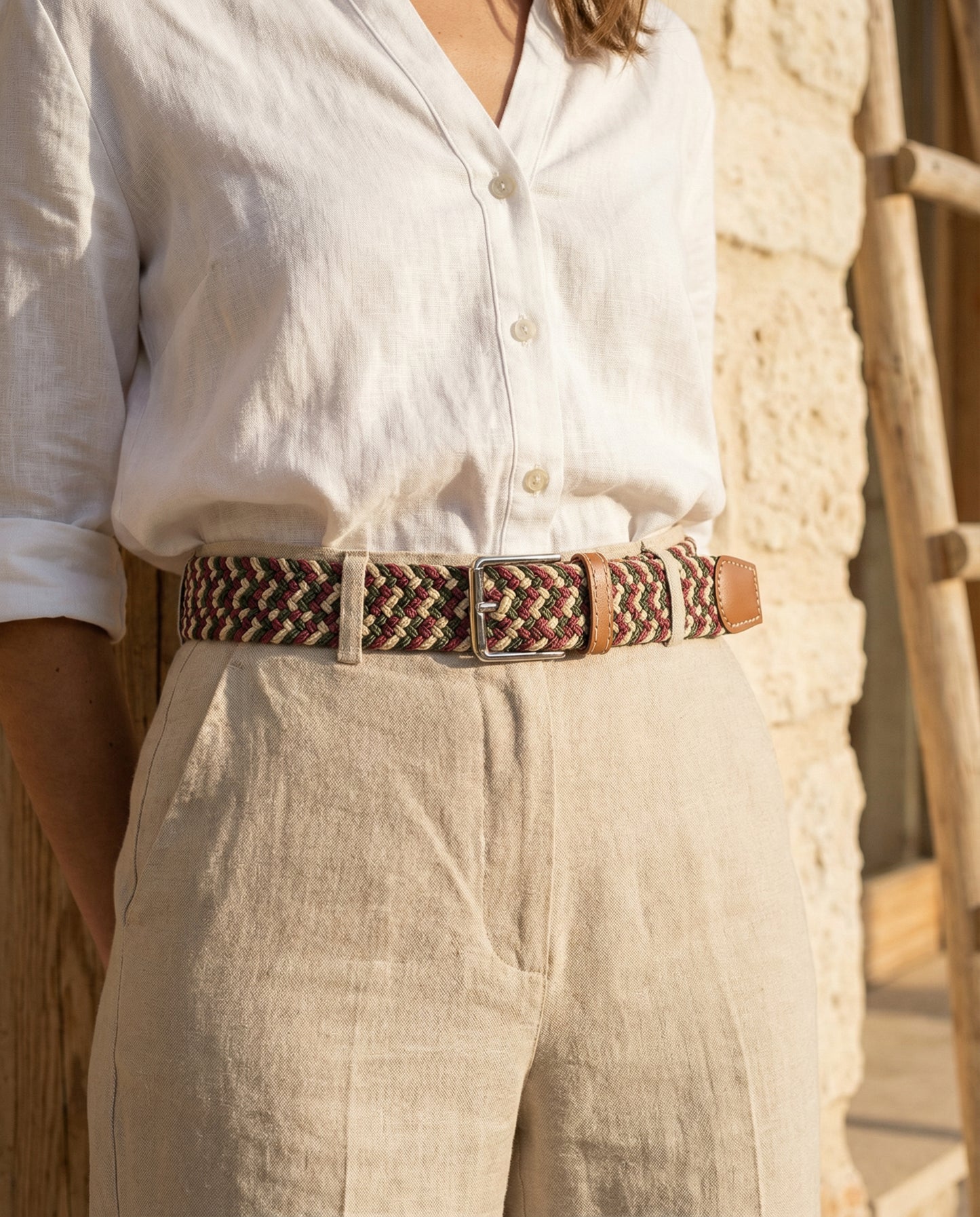 Correa Trenzada de Lona Elástica Guinda, Beige y Verde