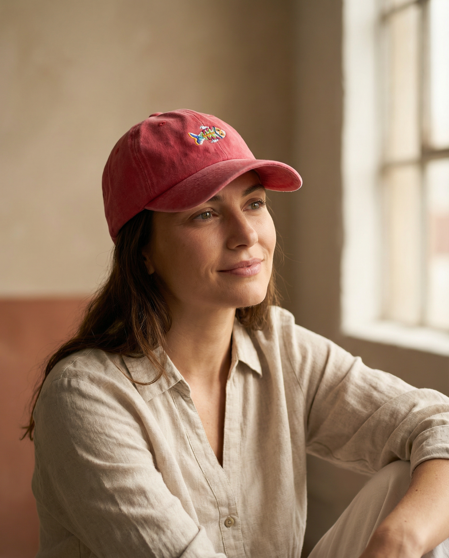 Gorra Bordada en Denim Rojo – Pez Multicolor