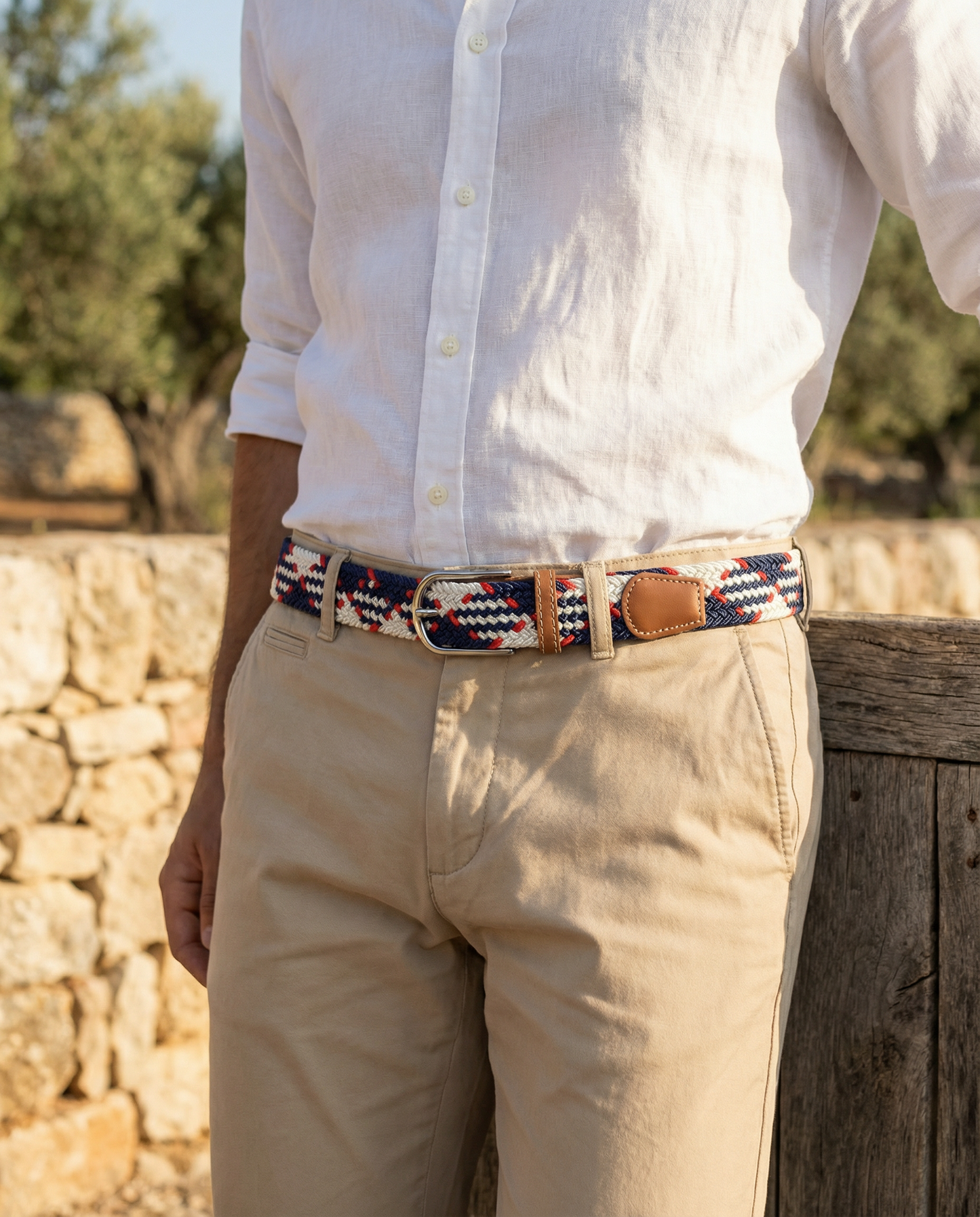 Correa Trenzada de Lona Elástica Azul, Rojo y Beige