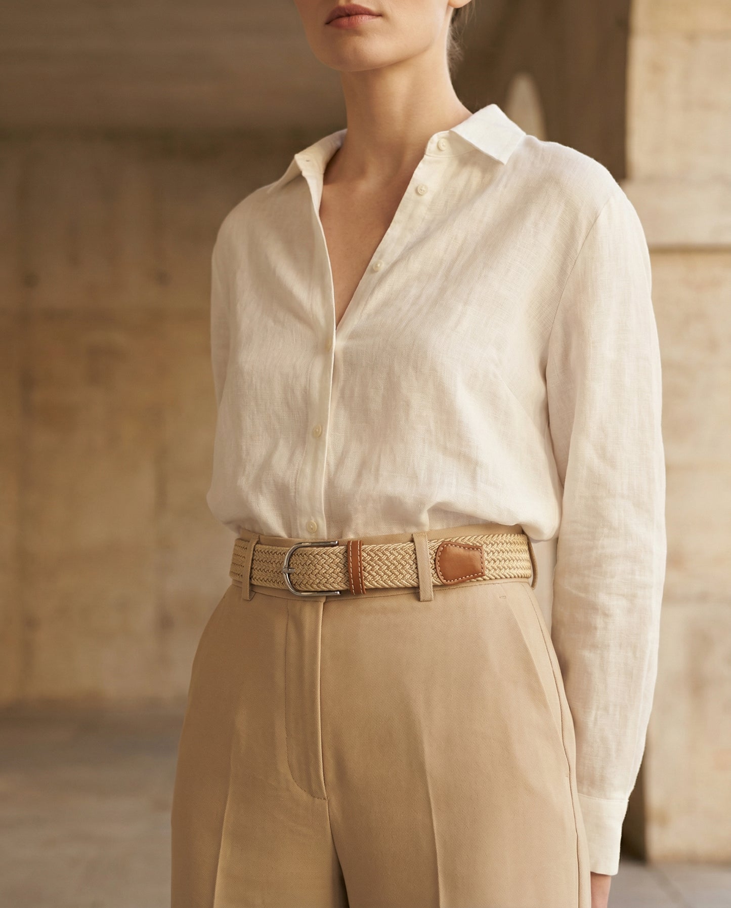 Correa Trenzada de Lona Elástica Beige